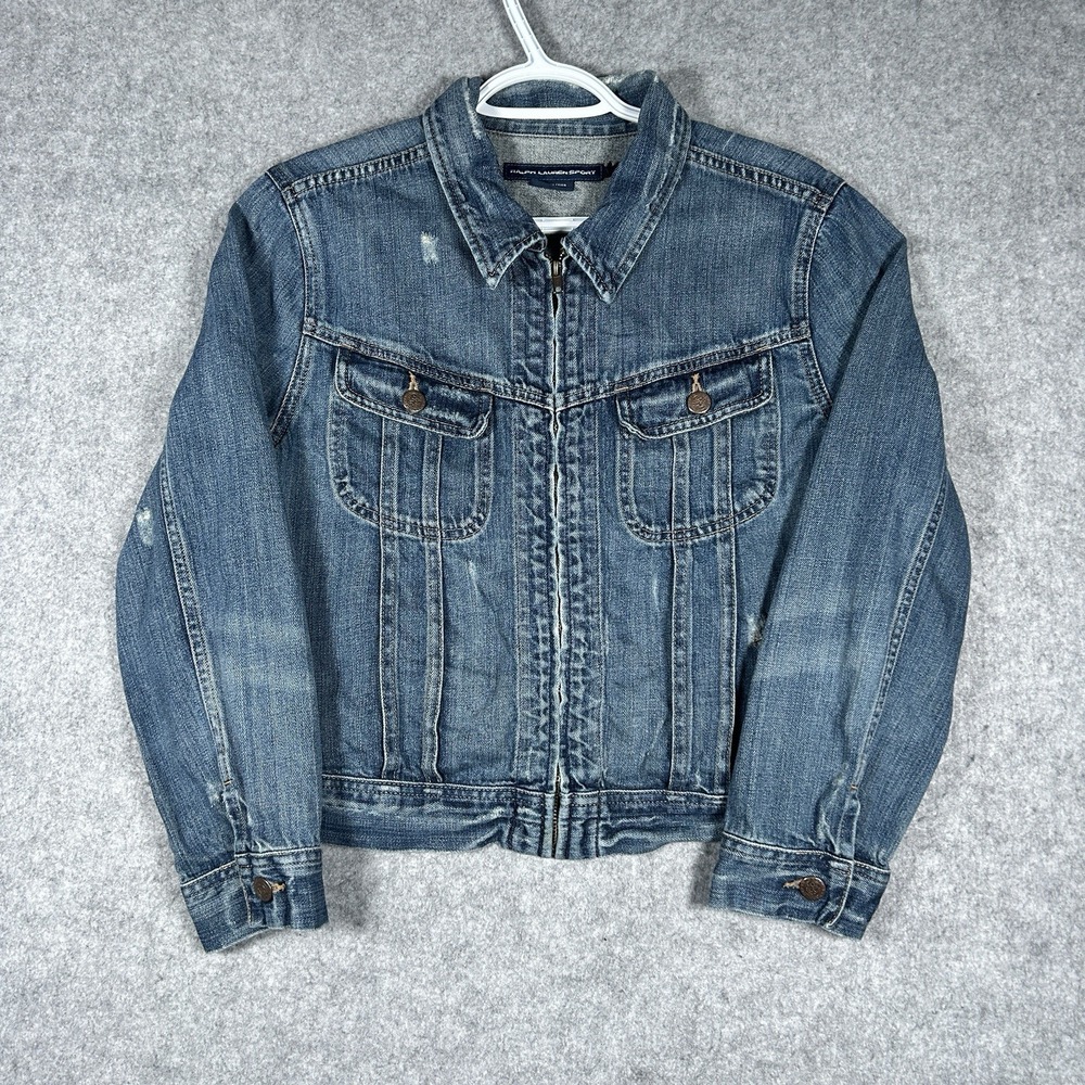 Vintage Ralph Lauren Sport Denim Jacket Women's Size Large Distressed 90s Zip